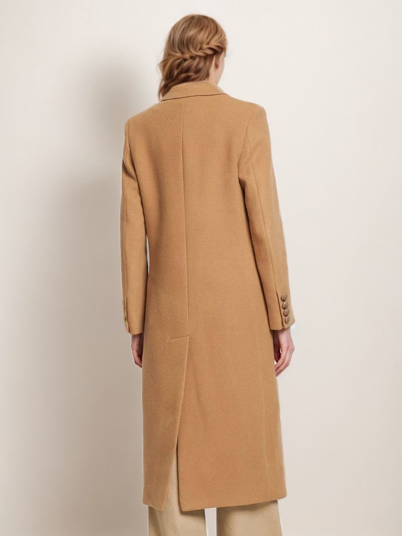 Dámské Zimní Svrchní Oblečení Longline Woolen Overcoat Lapel Single Breast - Velbloud