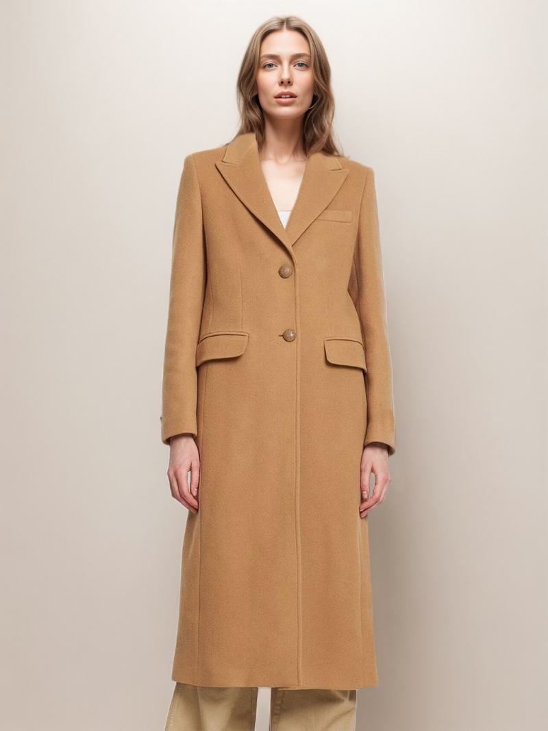 Dámské Zimní Svrchní Oblečení Longline Woolen Overcoat Lapel Single Breast - Velbloud