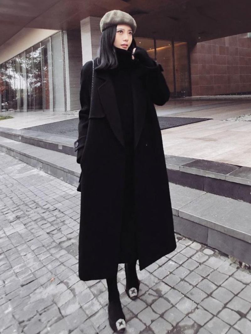 Dámské Zimní Svrchní Oděvy Classic Black Longline Overcoat Kapsy Na Klopě