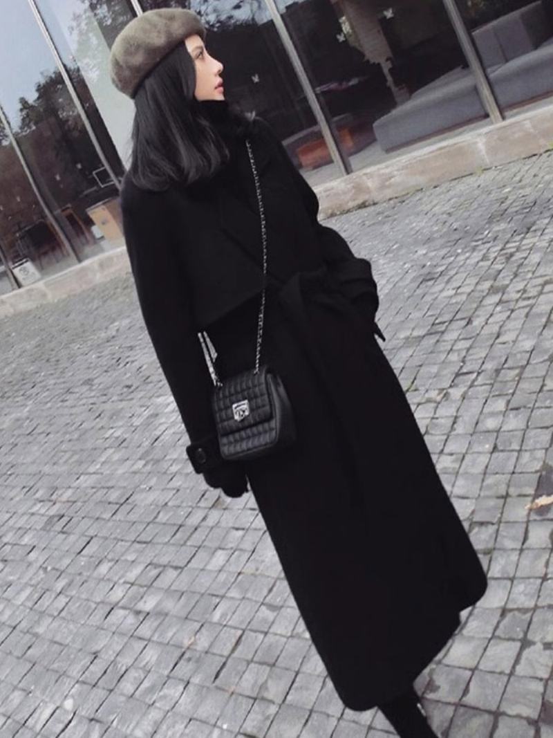 Dámské Zimní Svrchní Oděvy Classic Black Longline Overcoat Kapsy Na Klopě - Černá