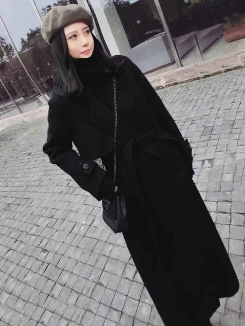 Dámské Zimní Svrchní Oděvy Classic Black Longline Overcoat Kapsy Na Klopě - Černá