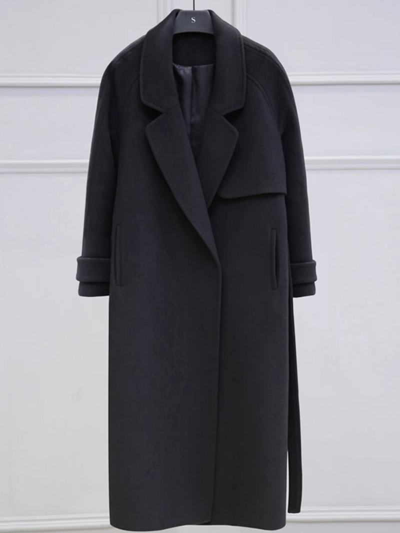 Dámské Zimní Svrchní Oděvy Classic Black Longline Overcoat Kapsy Na Klopě - Černá