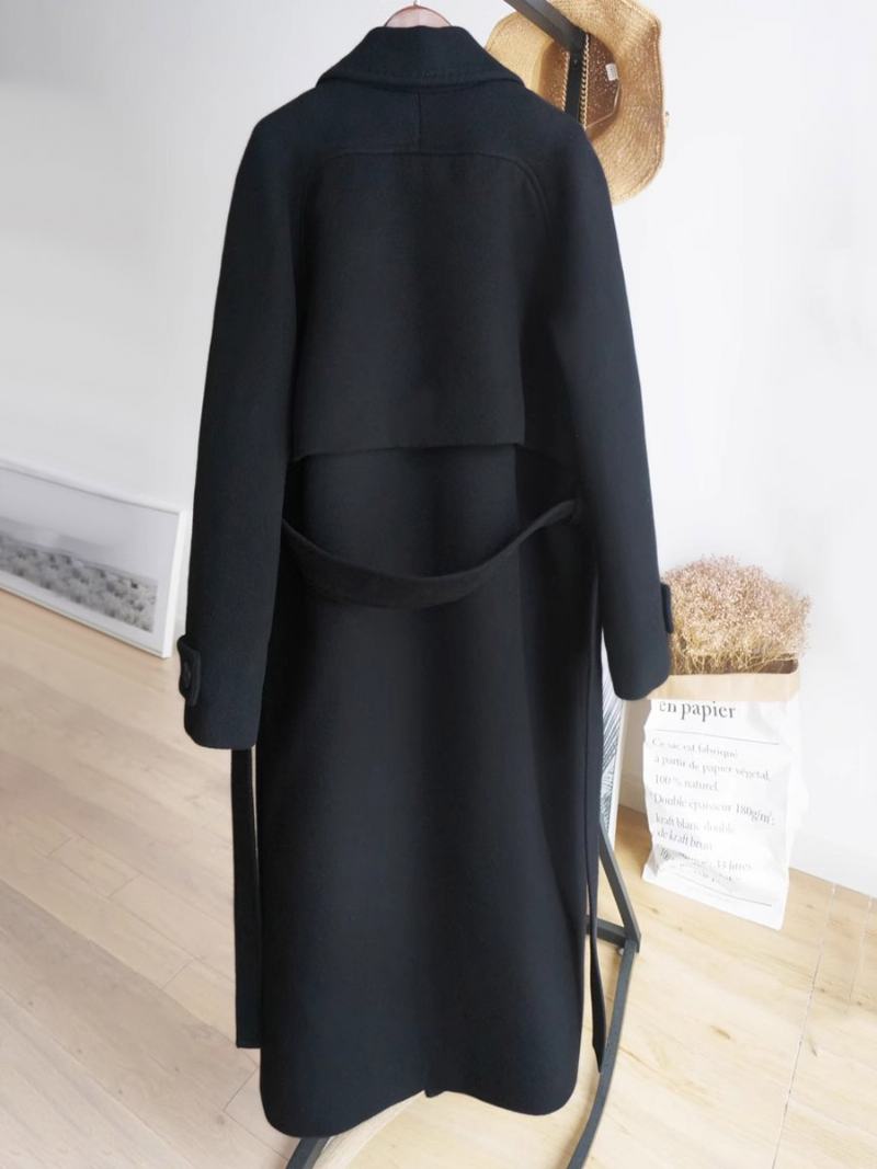 Dámské Zimní Svrchní Oděvy Classic Black Longline Overcoat Kapsy Na Klopě - Černá