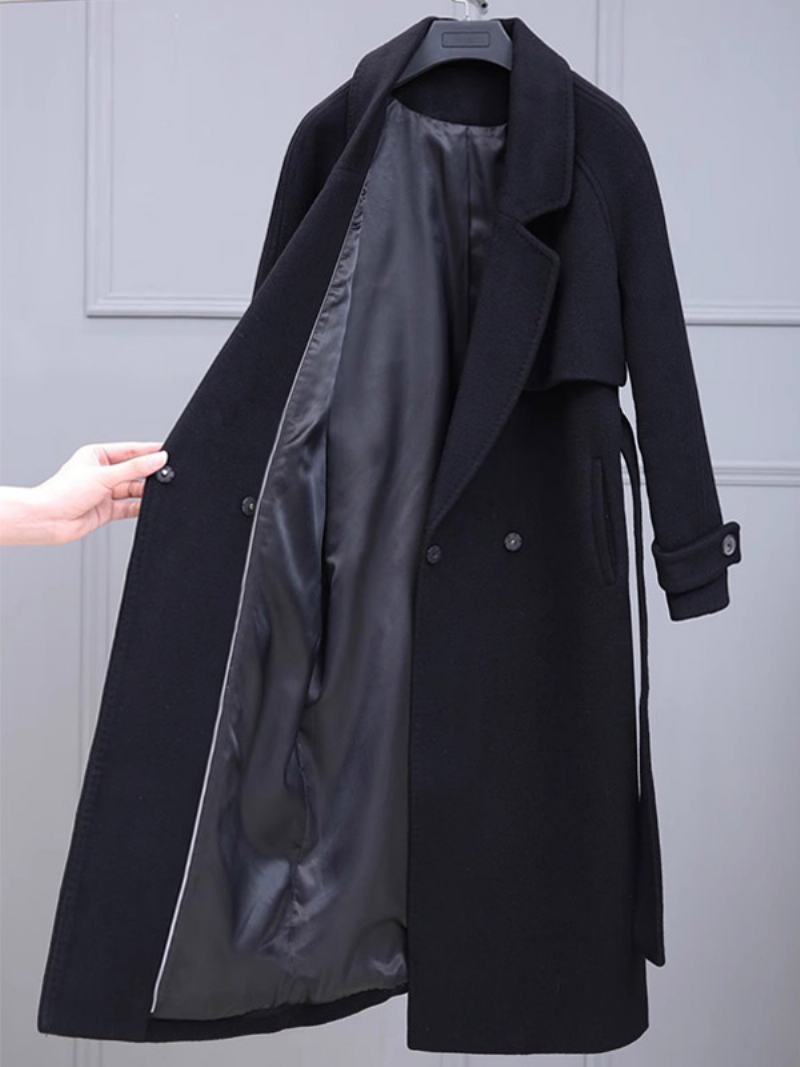 Dámské Zimní Svrchní Oděvy Classic Black Longline Overcoat Kapsy Na Klopě - Černá