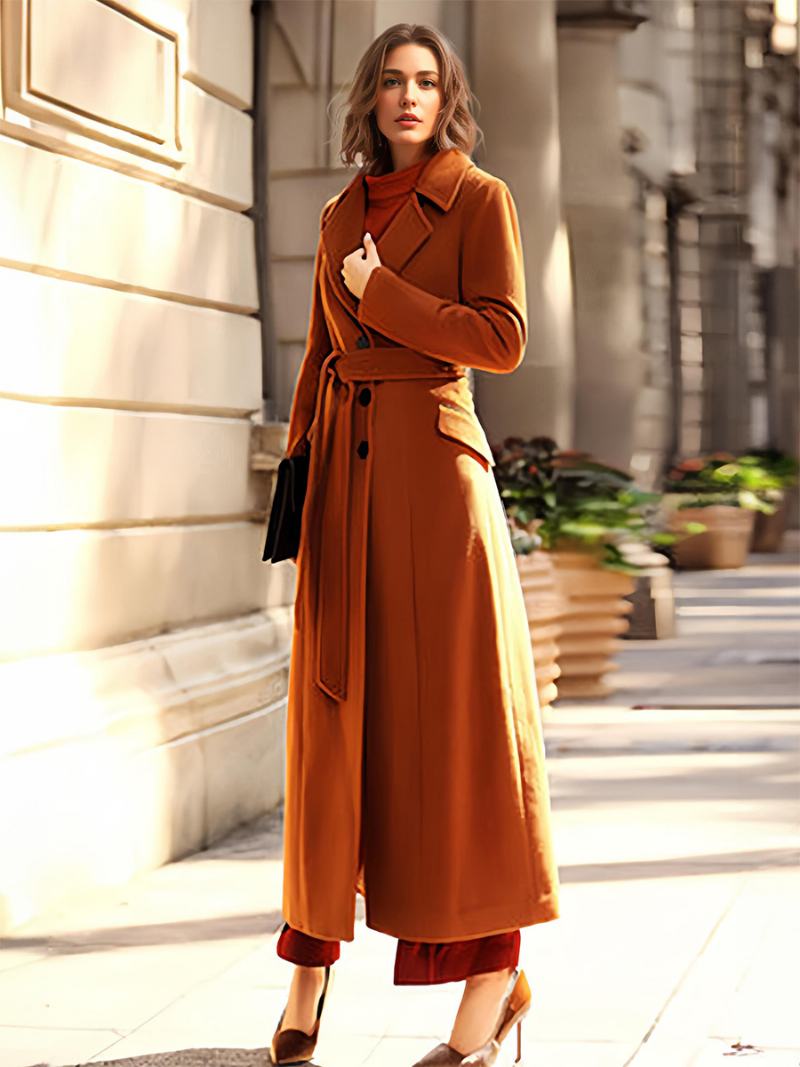 Dámský Kabát Coffee Brown Turndown Collar Winter Wrap Coat