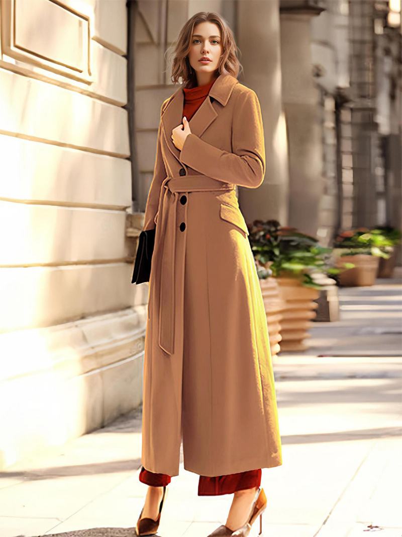 Dámský Kabát Coffee Brown Turndown Collar Winter Wrap Coat - Kávově Hnědá