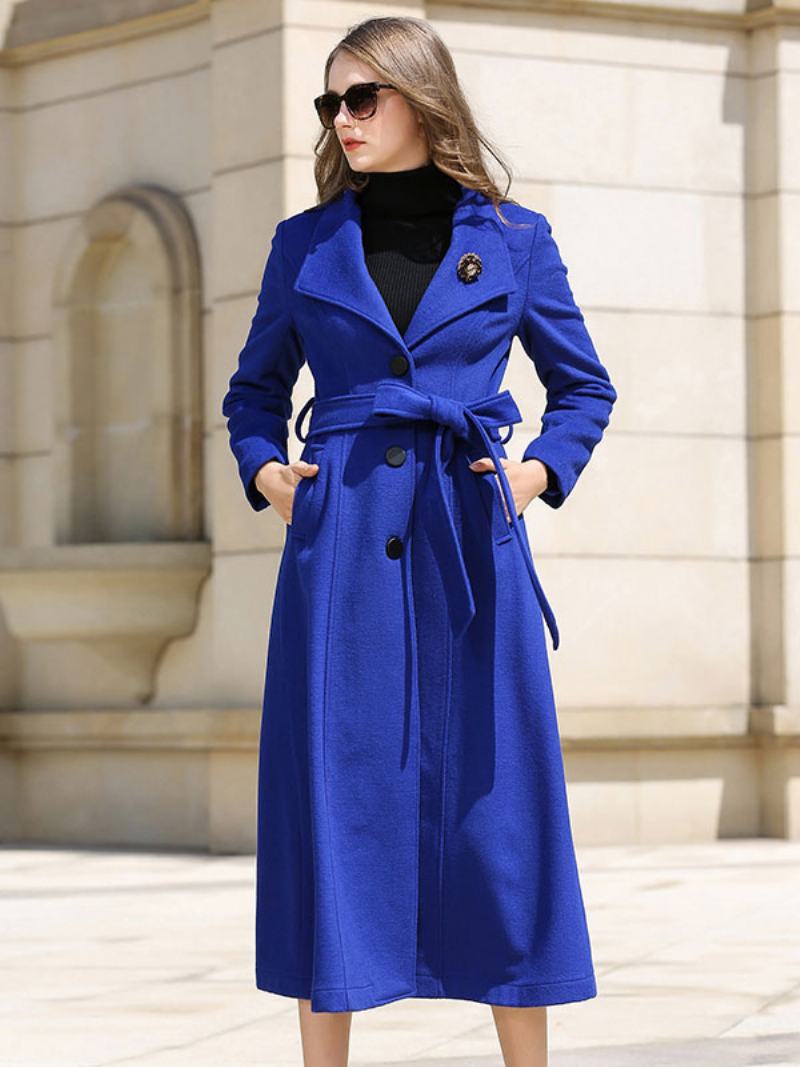 Dámský Zavinovací Kabát Royal Blue Sash Winter Woolen Outerwear - Královská Modrá