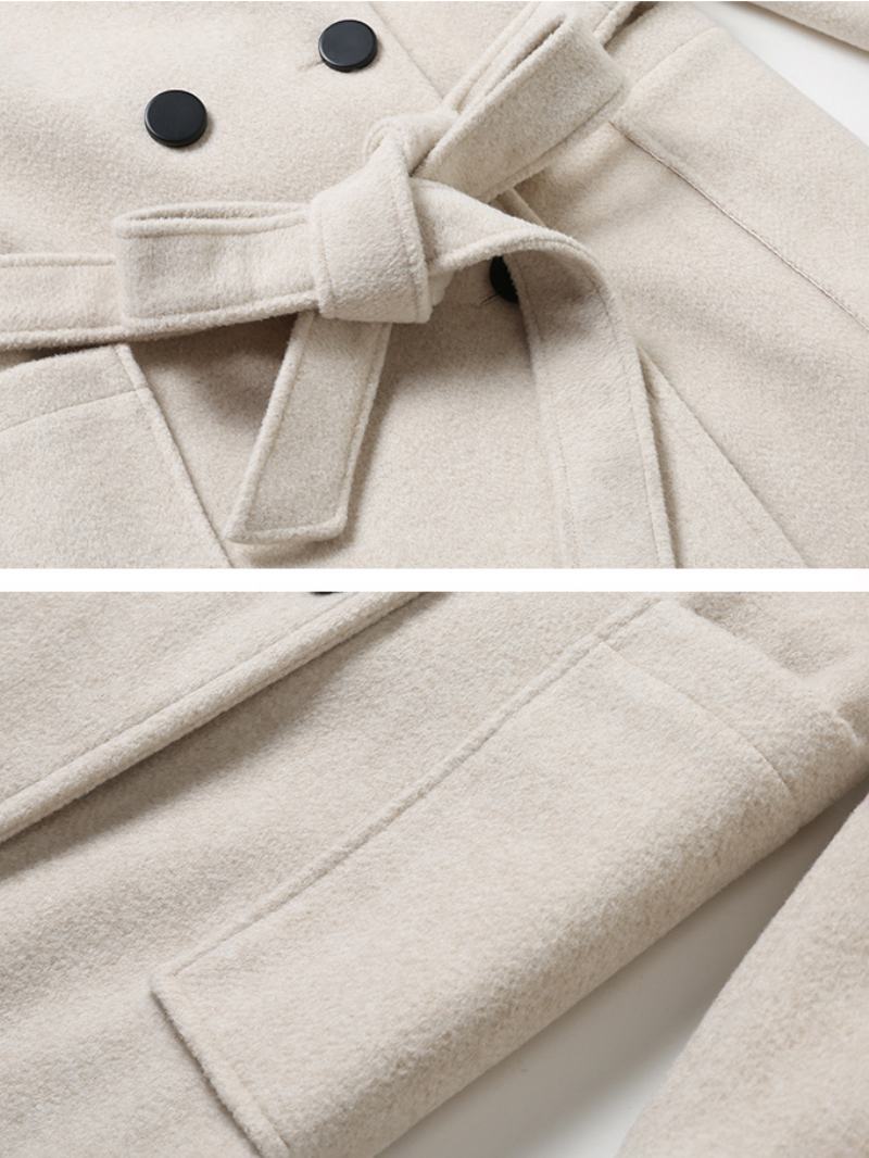 Vlněný Kabát Pro Ženy Turndown Collar White Winter Outerwear - Béžový