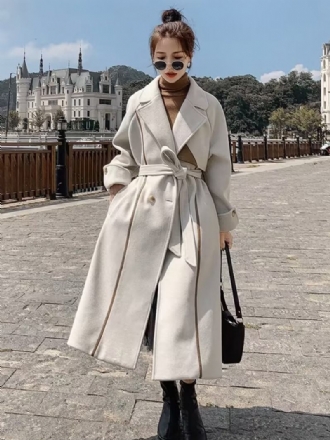 Zavinovací Kabát Pro Ženy Ecru White Lapel Belted Classic Winter Outerwear