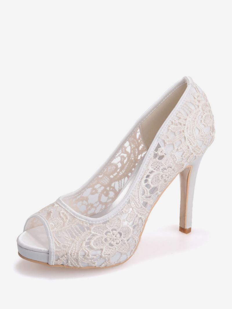 Dámská Platforma Krajkové Svatební Podpatky Peep Toe - Ivory