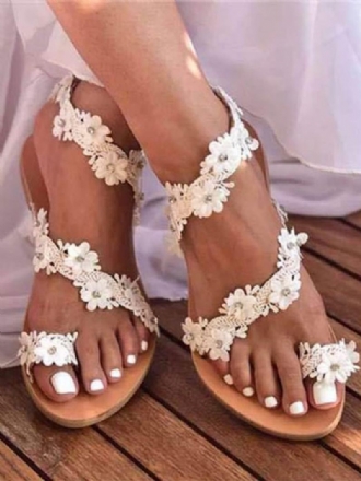 Dámské Boho Svatební Boty Hnědé Toe Loop Flowers Ploché Sandály