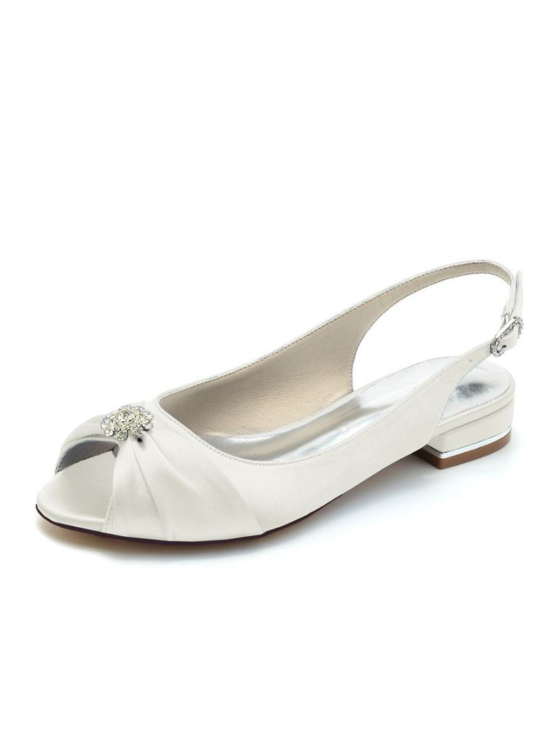 Dámské Svatební Boty Kamínky Satin Peep Toe Ploché - Ivory