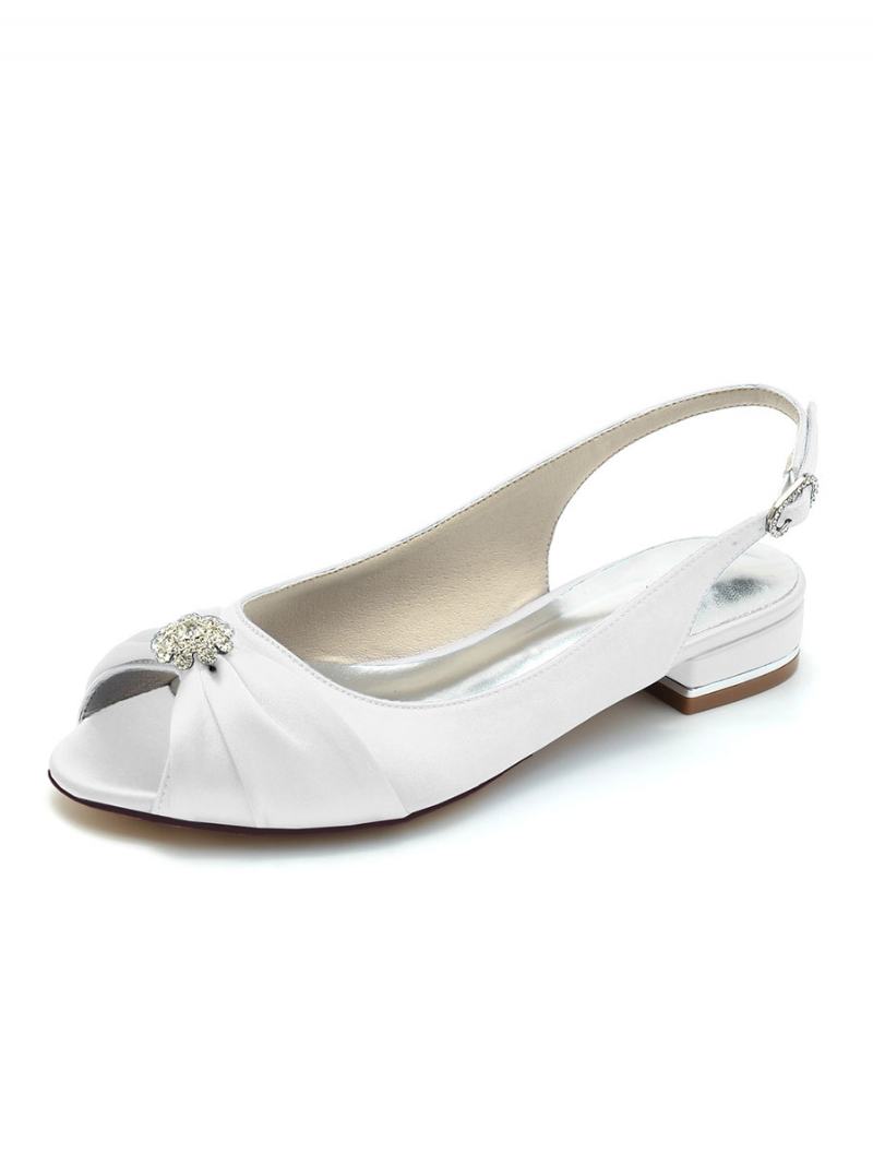 Dámské Svatební Boty Kamínky Satin Peep Toe Ploché - Bílá