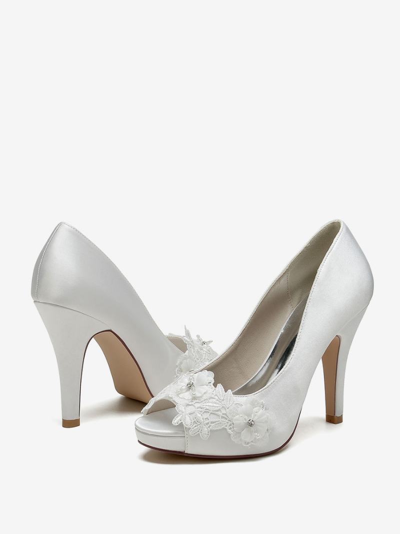 Dámské Svatební Boty Lodičky Satin Peep Toe - Ivory