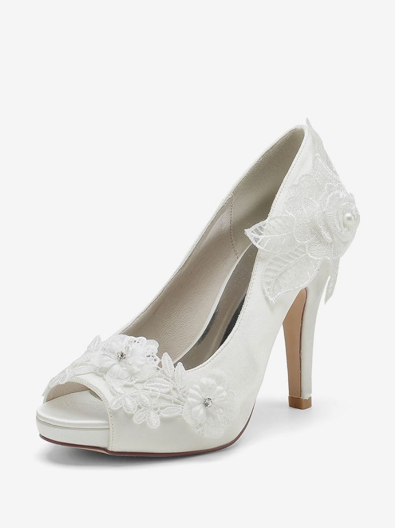 Dámské Svatební Boty Lodičky Satin Peep Toe - Ivory