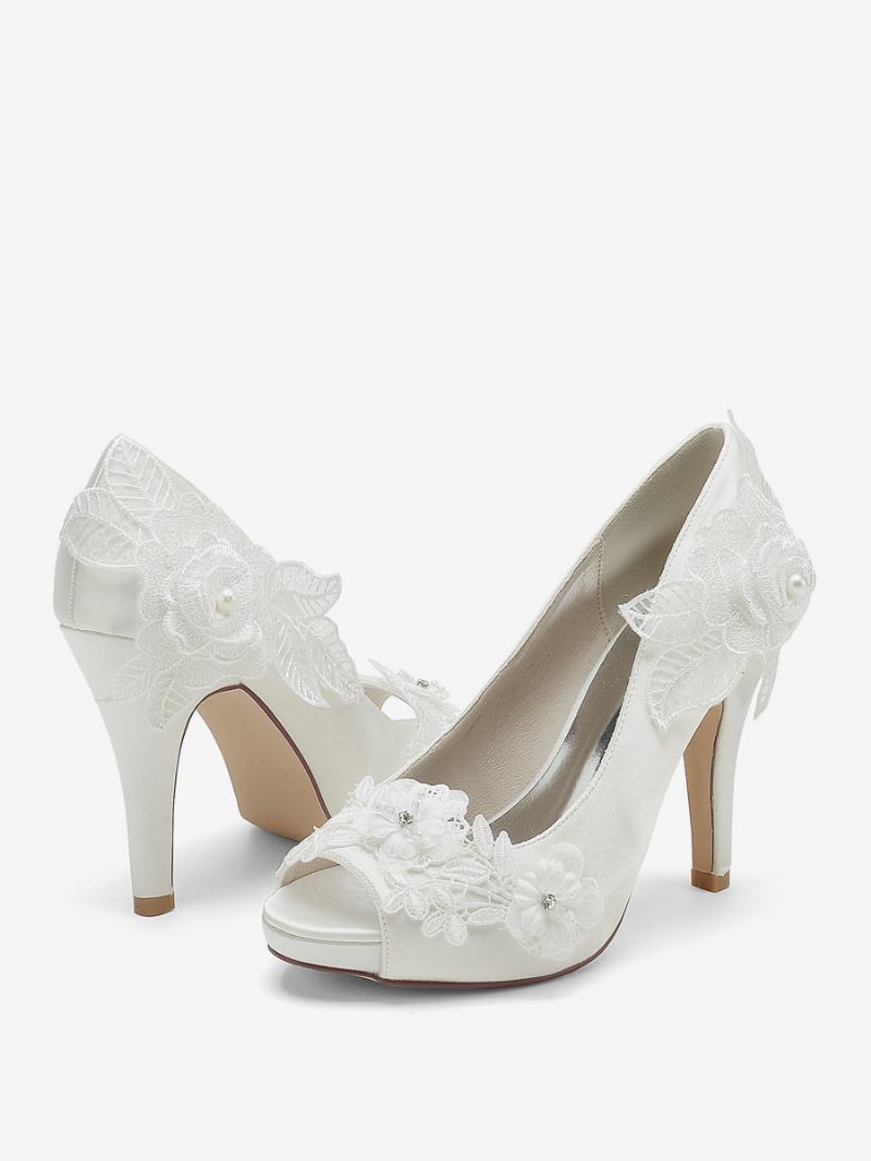 Dámské Svatební Boty Lodičky Satin Peep Toe - Ivory