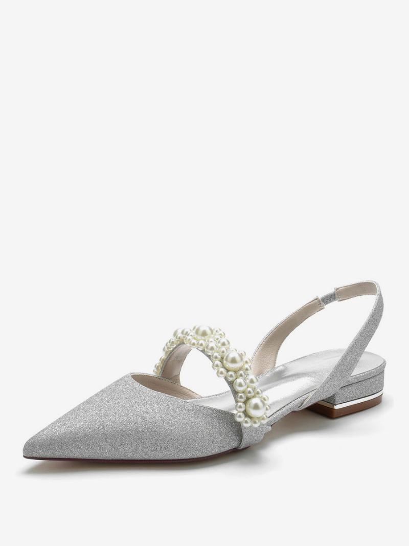 Dámské Svatební Boty Pearls Slingback Flats - Stříbrné