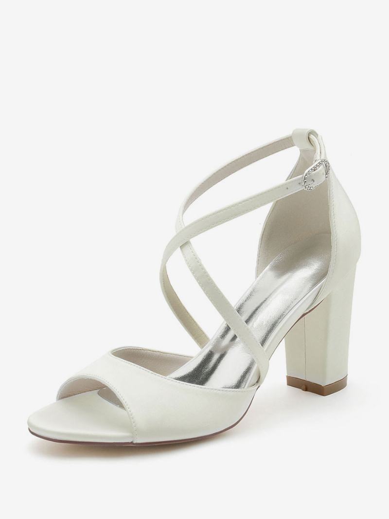 Dámské Svatební Boty Satin Peep Toe Block Pata - Ivory