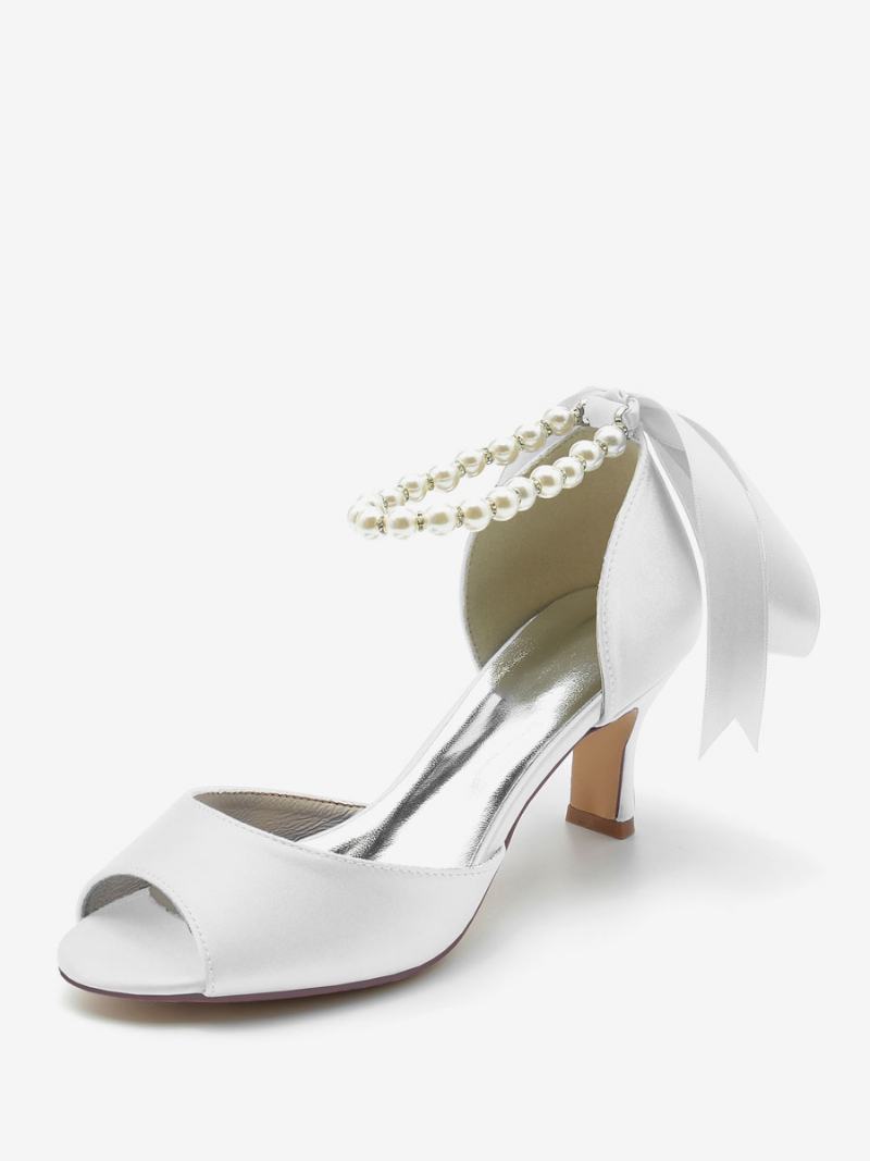 Dámské Svatební Boty Satin White Pearls Peep Toe Bow Lodičky Na Kotník