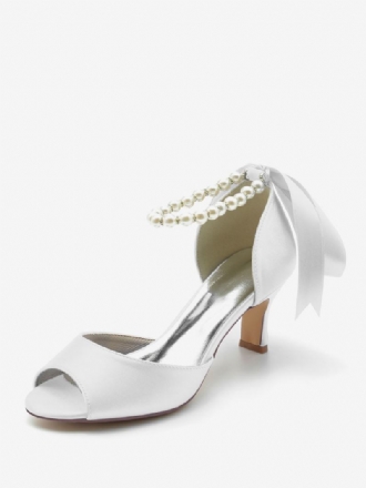 Dámské Svatební Boty Satin White Pearls Peep Toe Bow Lodičky Na Kotník