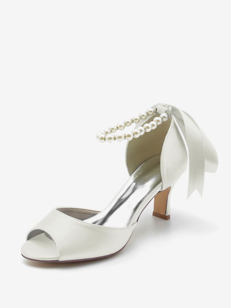 Dámské Svatební Boty Satin White Pearls Peep Toe Bow Lodičky Na Kotník - Ivory