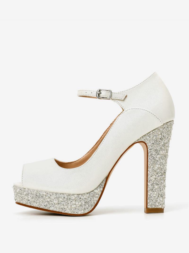 Dámské Svatební Boty Z Pu Kůže Ecru White Peep Toe Pearls - Béžový