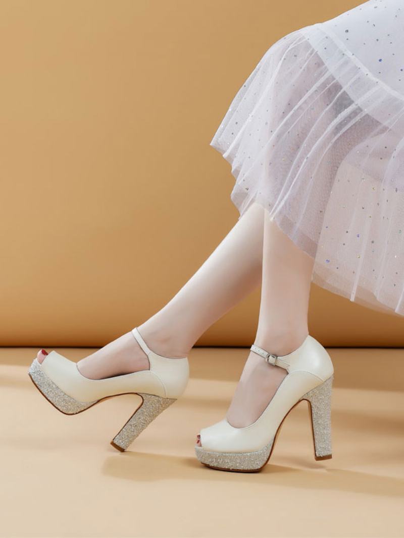 Dámské Svatební Boty Z Pu Kůže Ecru White Peep Toe Pearls - Béžový