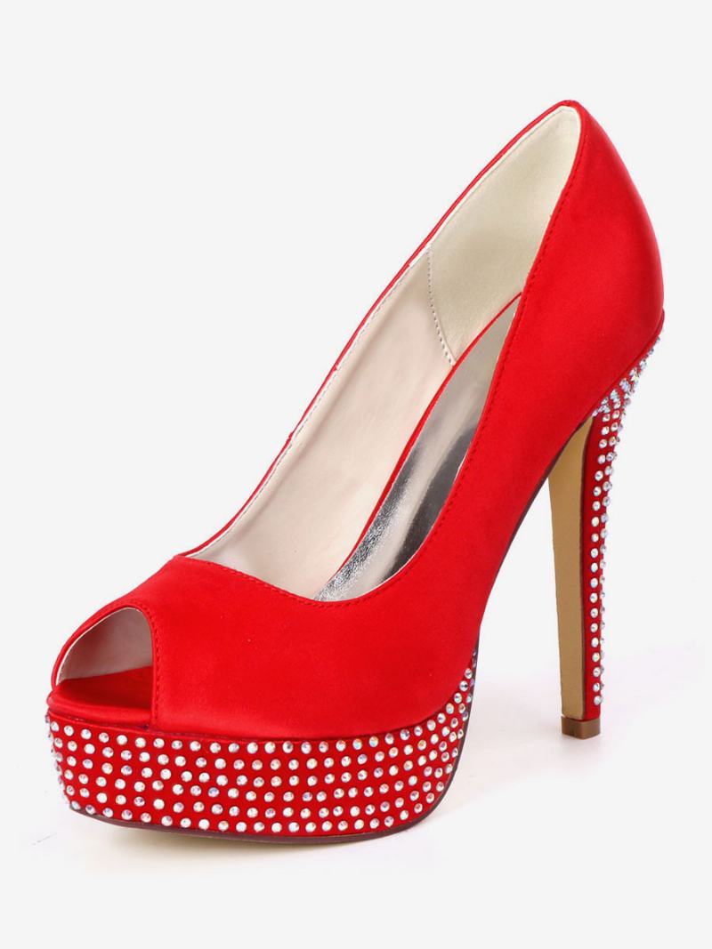 Dámské Svatební Lodičky S Drahokamenovou Platformou Peep Toe - Ture Red