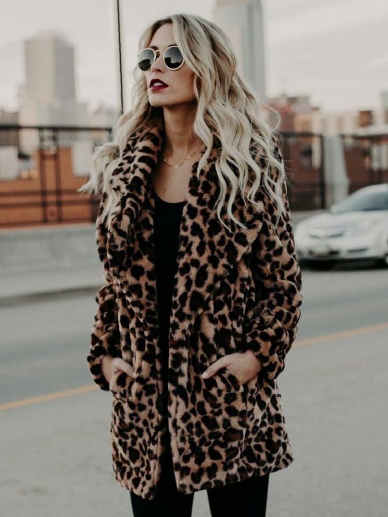 Dámské Kabáty Z Umělé Kožešiny Leopard S Dlouhými Rukávy Leopardí Oversized Zimní Kabát