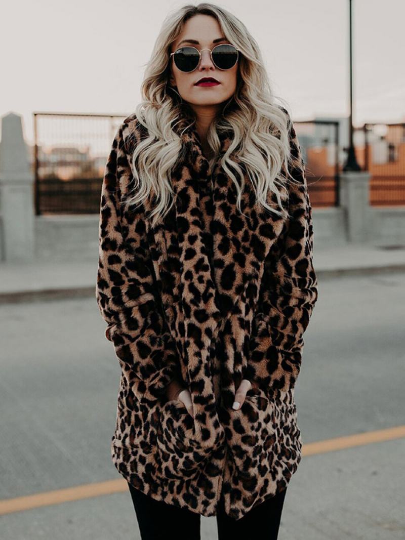 Dámské Kabáty Z Umělé Kožešiny Leopard S Dlouhými Rukávy Leopardí Oversized Zimní Kabát - Leopard