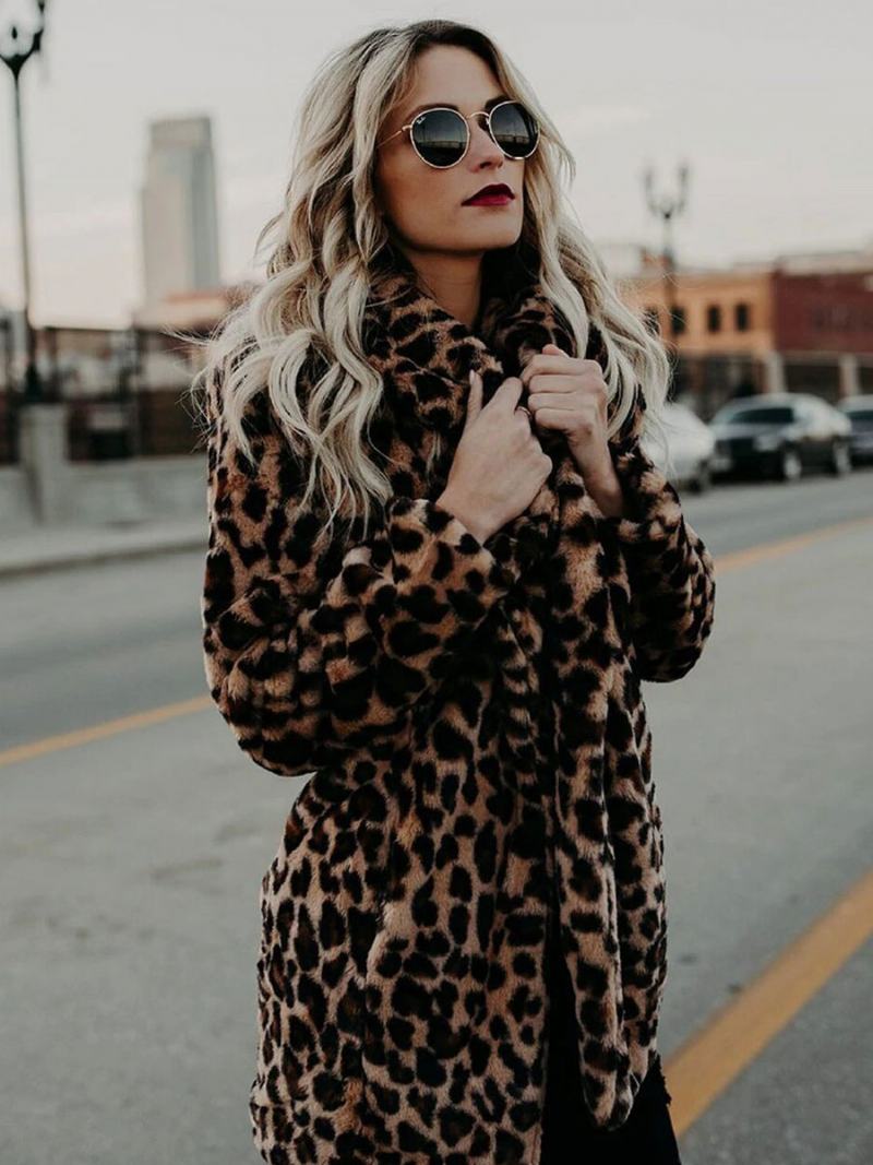 Dámské Kabáty Z Umělé Kožešiny Leopard S Dlouhými Rukávy Leopardí Oversized Zimní Kabát - Leopard