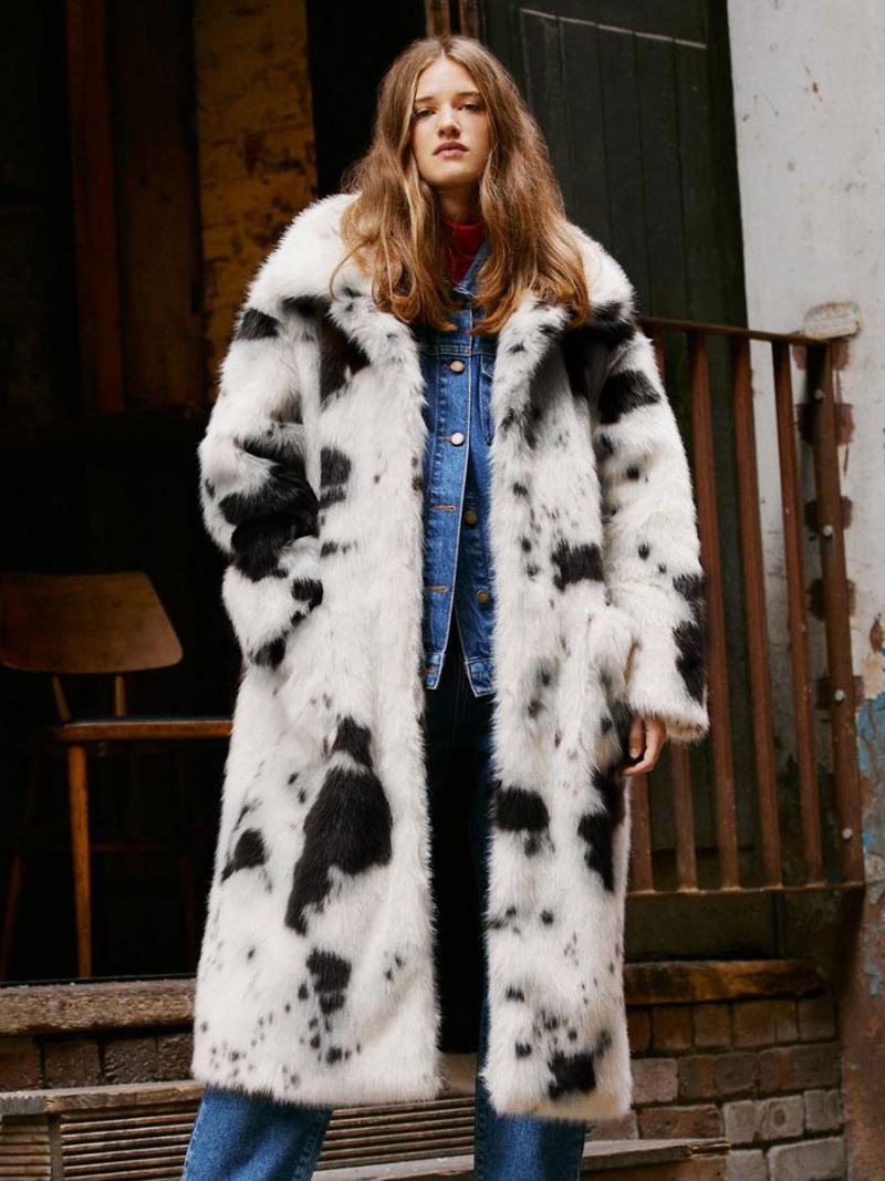 Dámské Kabáty Z Umělé Kožešiny Turndown Collar Oversized Chic Animal Print Winter Outerwear