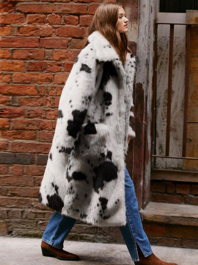 Dámské Kabáty Z Umělé Kožešiny Turndown Collar Oversized Chic Animal Print Winter Outerwear - Béžový