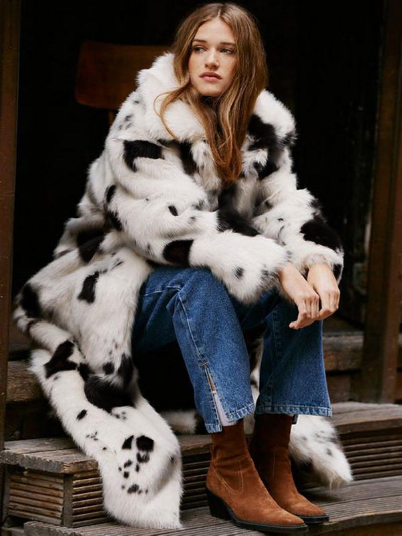 Dámské Kabáty Z Umělé Kožešiny Turndown Collar Oversized Chic Animal Print Winter Outerwear - Béžový