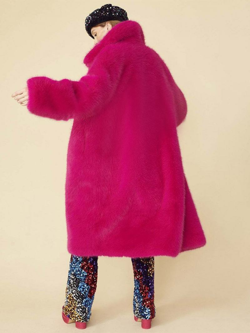 Dámské Svrchní Oblečení Longline Fuzzy Coat S Předním Knoflíkem A Jednobarevným Límcem - Růže