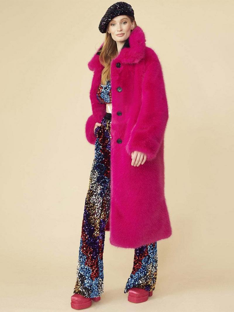 Dámské Svrchní Oblečení Longline Fuzzy Coat S Předním Knoflíkem A Jednobarevným Límcem - Růže