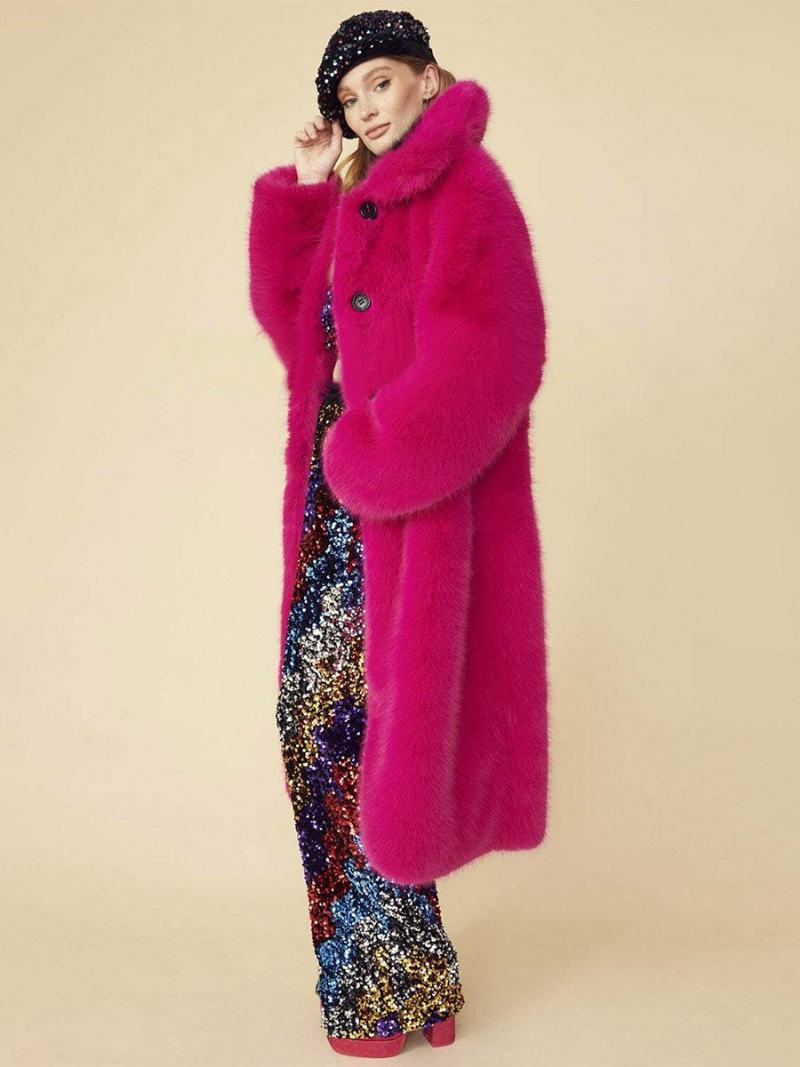 Dámské Svrchní Oblečení Longline Fuzzy Coat S Předním Knoflíkem A Jednobarevným Límcem - Růže