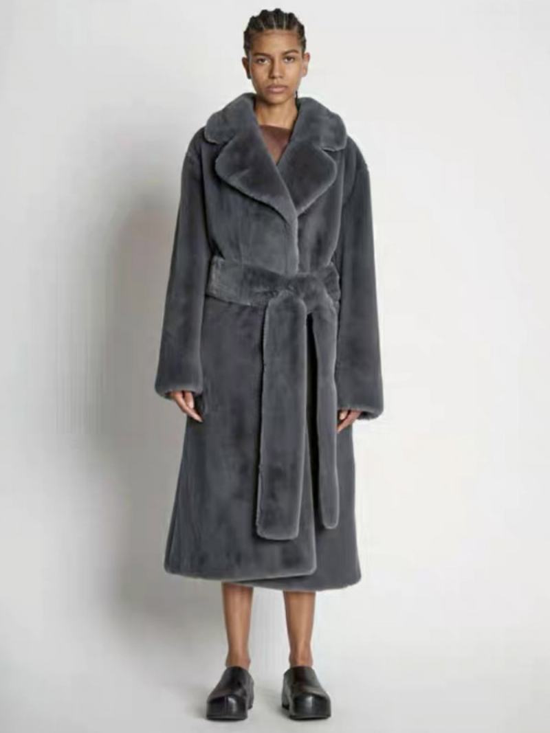 Dámské Svrchní Oblečení Longline Fuzzy Overcoat Vroubkovaná Klopa Pásek Volné - Deep Grey