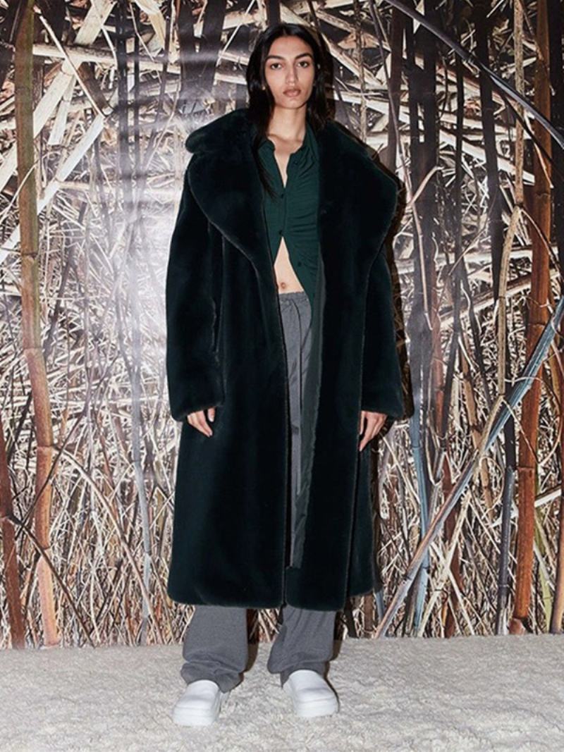 Dámské Svrchní Oblečení Longline Fuzzy Overcoat Vroubkovaná Klopa Pásek Volné - Tmavě Zelená