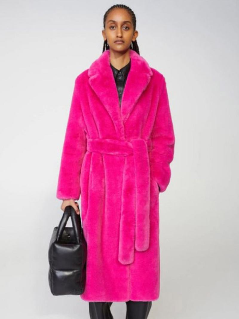 Dámské Svrchní Oblečení Longline Fuzzy Overcoat Vroubkovaná Klopa Pásek Volné - Růžová