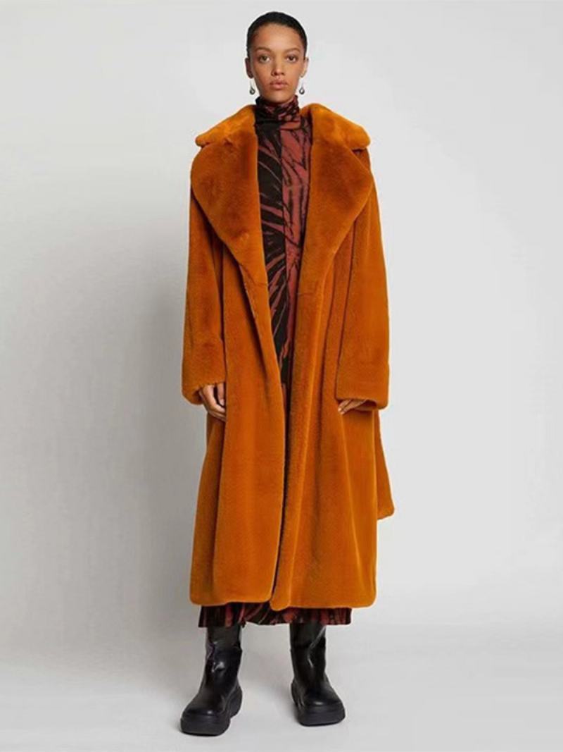 Dámské Svrchní Oblečení Longline Fuzzy Overcoat Vroubkovaná Klopa Pásek Volné - Ambrová