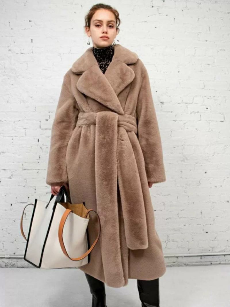 Dámské Svrchní Oblečení Longline Fuzzy Overcoat Vroubkovaná Klopa Pásek Volné - Velbloudí