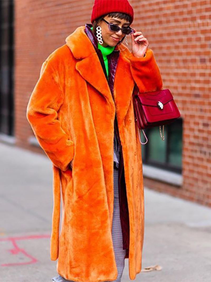 Dámské Svrchní Oblečení Longline Fuzzy Overcoat Vroubkovaná Klopa Pásek Volné - Oranžová