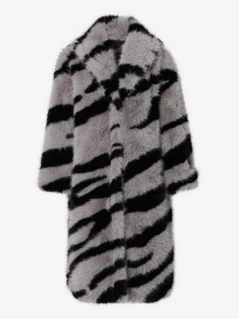 Oversized Dámské Svrchní Oblečení Zebra Print Z Umělé Kožešiny Turndown Collar - Šedá