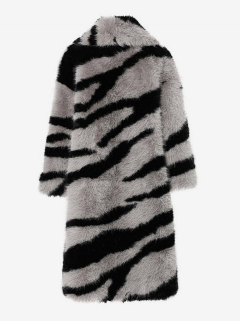 Oversized Dámské Svrchní Oblečení Zebra Print Z Umělé Kožešiny Turndown Collar - Šedá