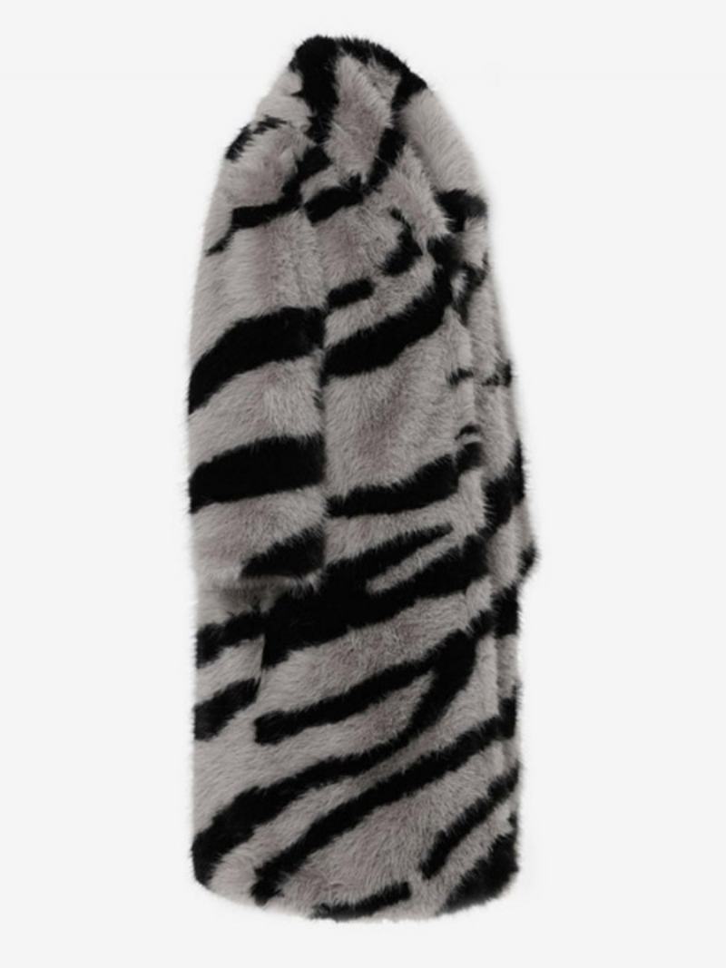 Oversized Dámské Svrchní Oblečení Zebra Print Z Umělé Kožešiny Turndown Collar - Šedá