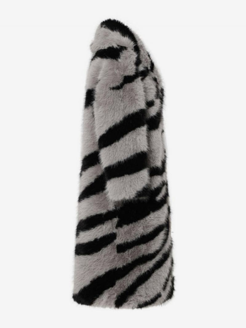 Oversized Dámské Svrchní Oblečení Zebra Print Z Umělé Kožešiny Turndown Collar - Šedá