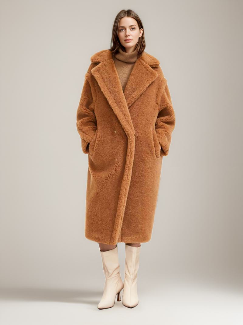 Teddy Coat Svrchní Oděvy Z Umělé Kožešiny S Vroubkovanou Klopou Longline Pro Ženy