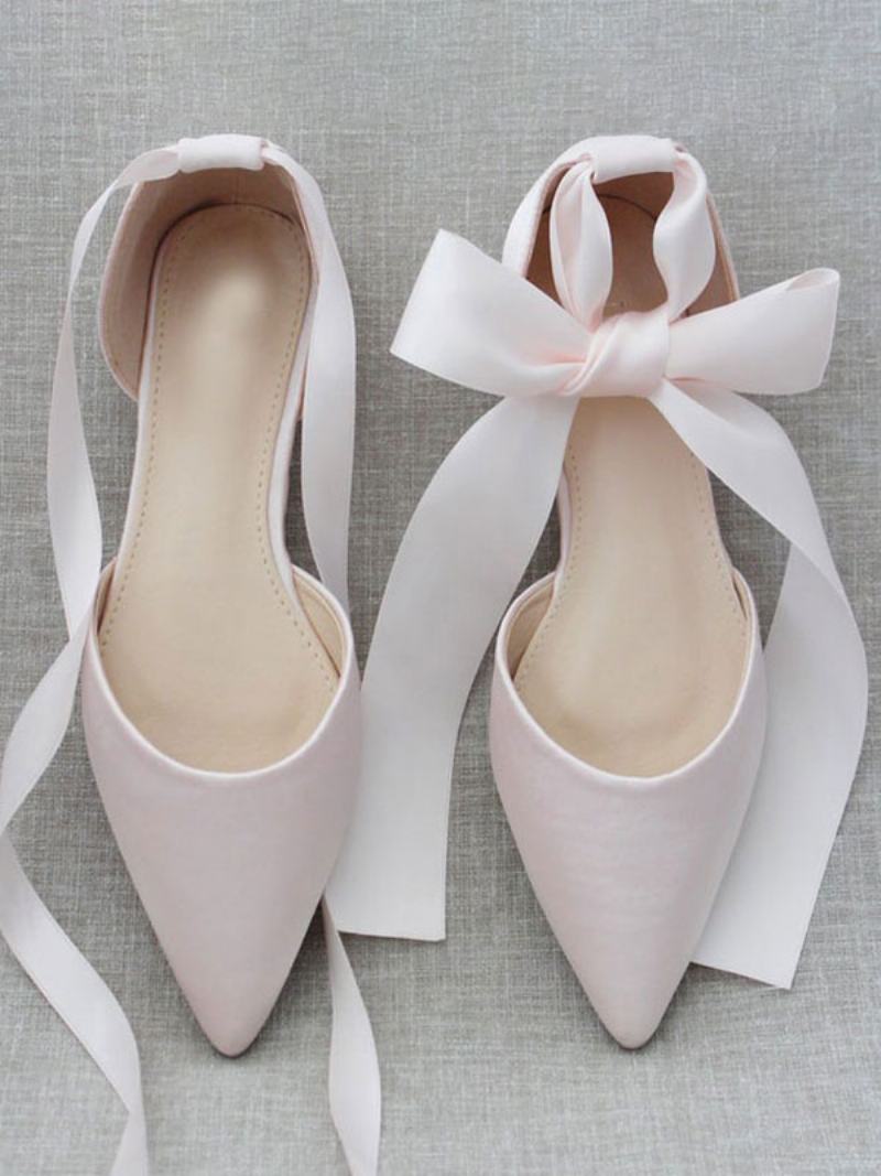 Dámské Balerínky Mašle Se Špičatou Špičkou Saténové Šněrování Eric White Ballet Flats - Světle Růžová