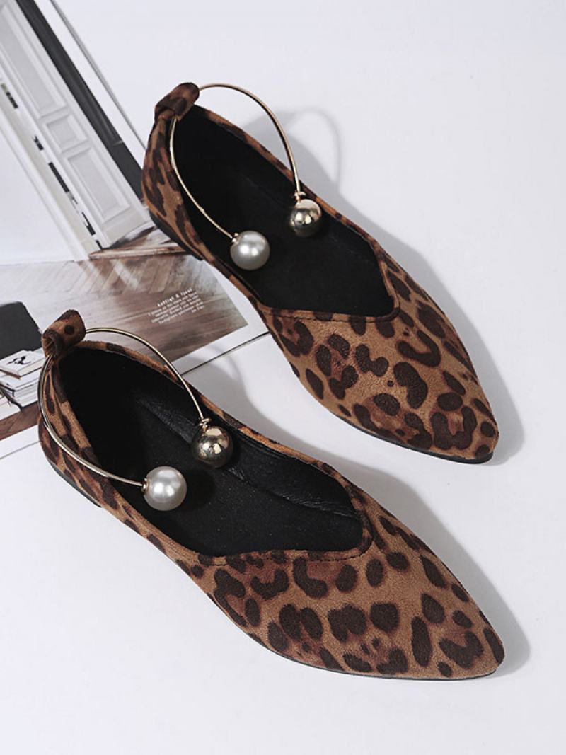 Dámské Perly Se Špičatou Špičkou Terry Ballet Flats - Leopard